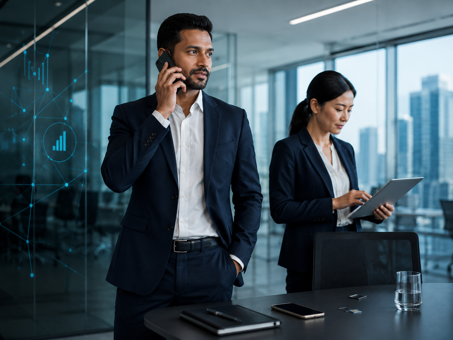 Professionals using company mobile communication in a UAE office