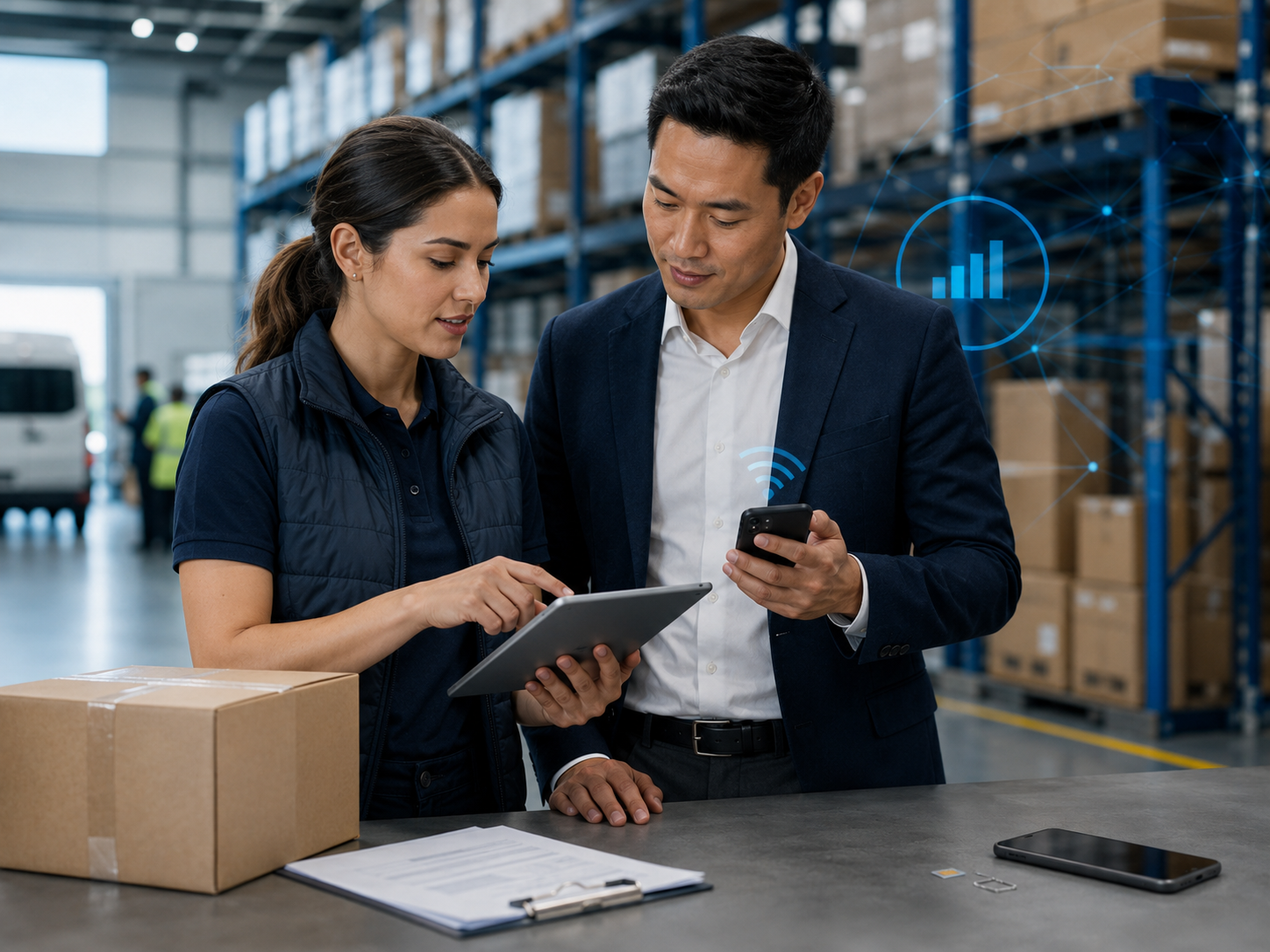 Field and warehouse team using company mobile services