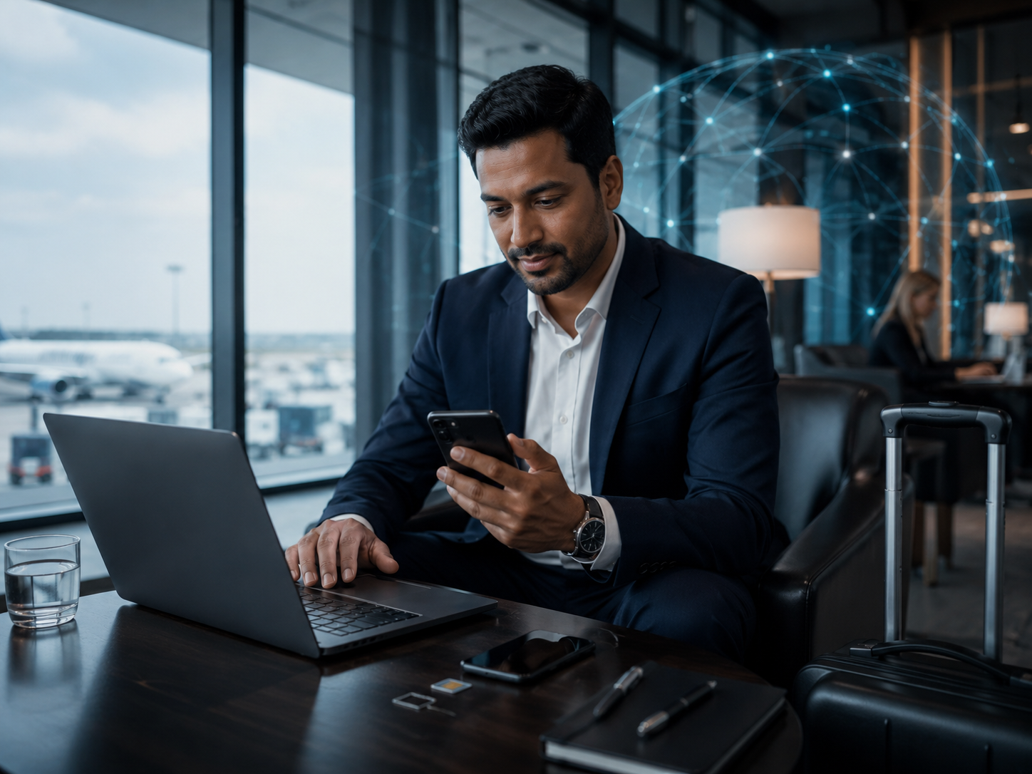 Business professional using company mobile services while travelling