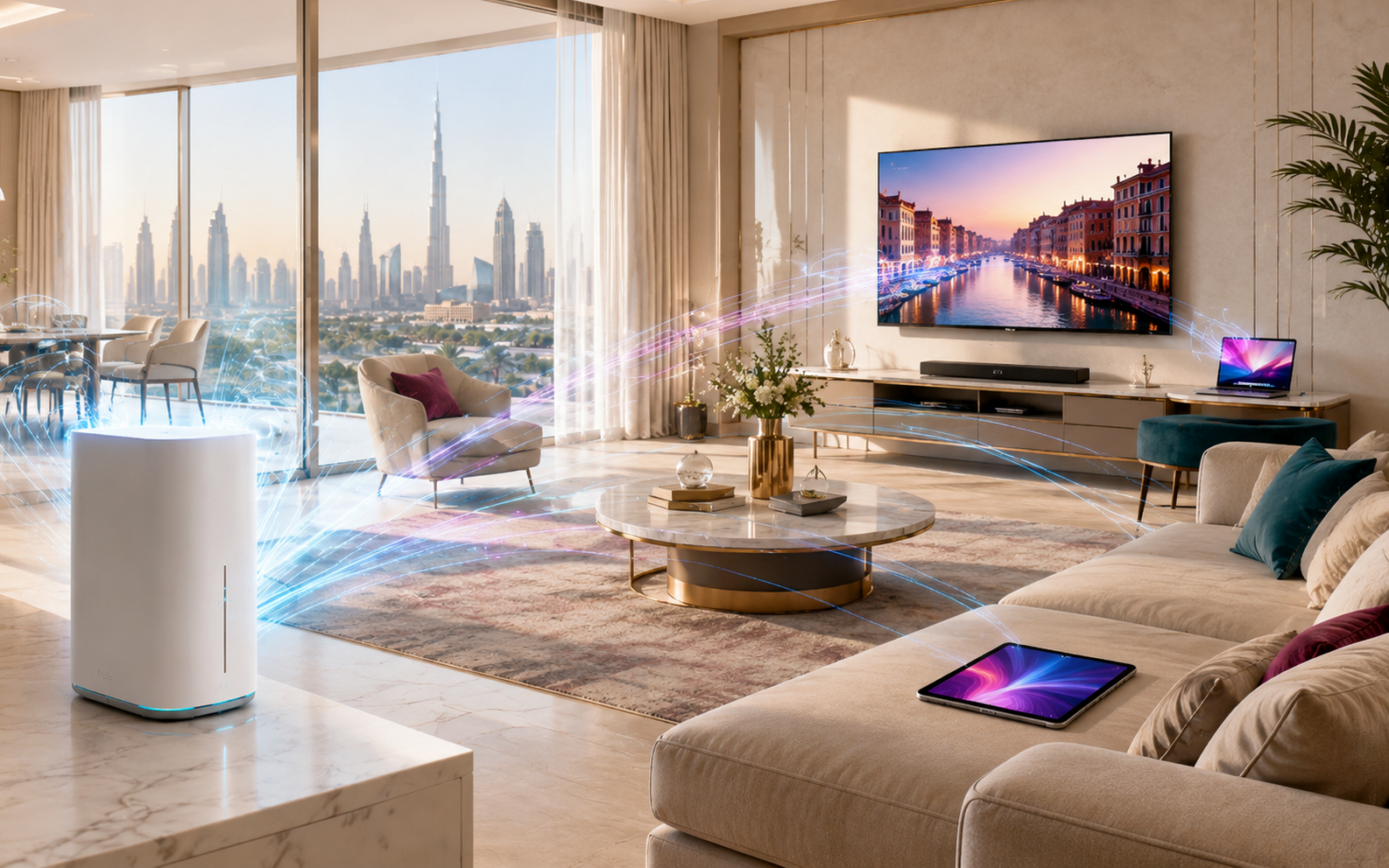 Modern UAE living room prepared for a Home Fibre internet connection