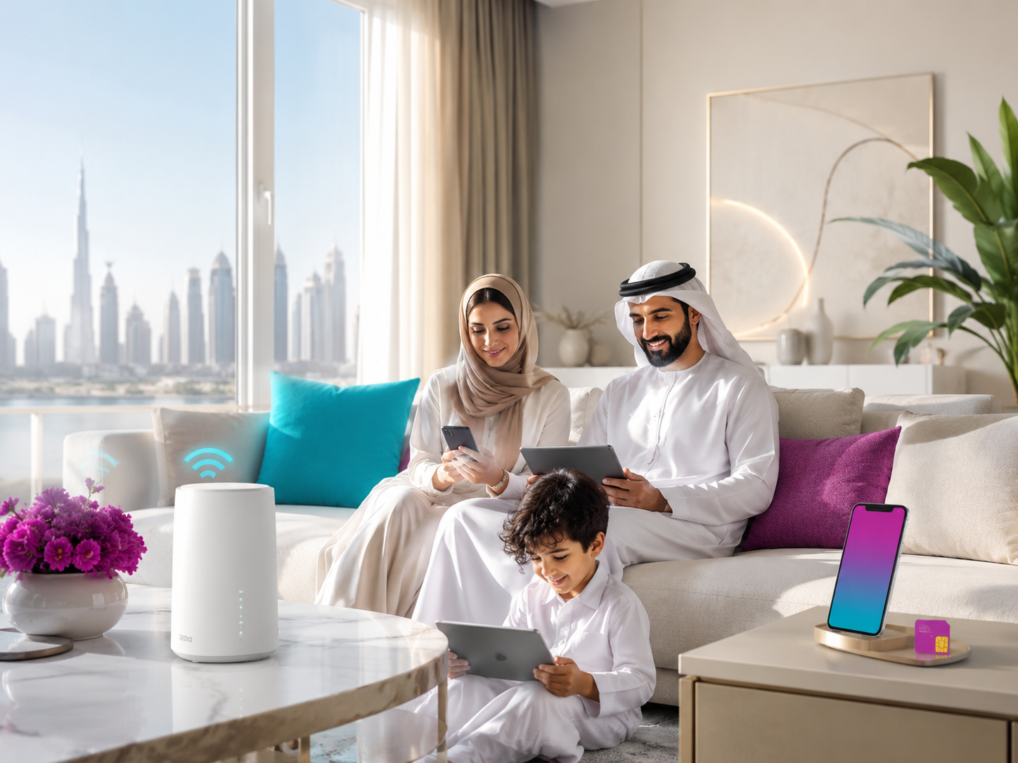 Modern UAE family using connected services at home