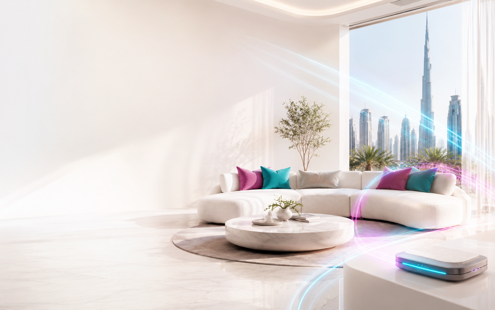 Modern connected living room with a UAE city view