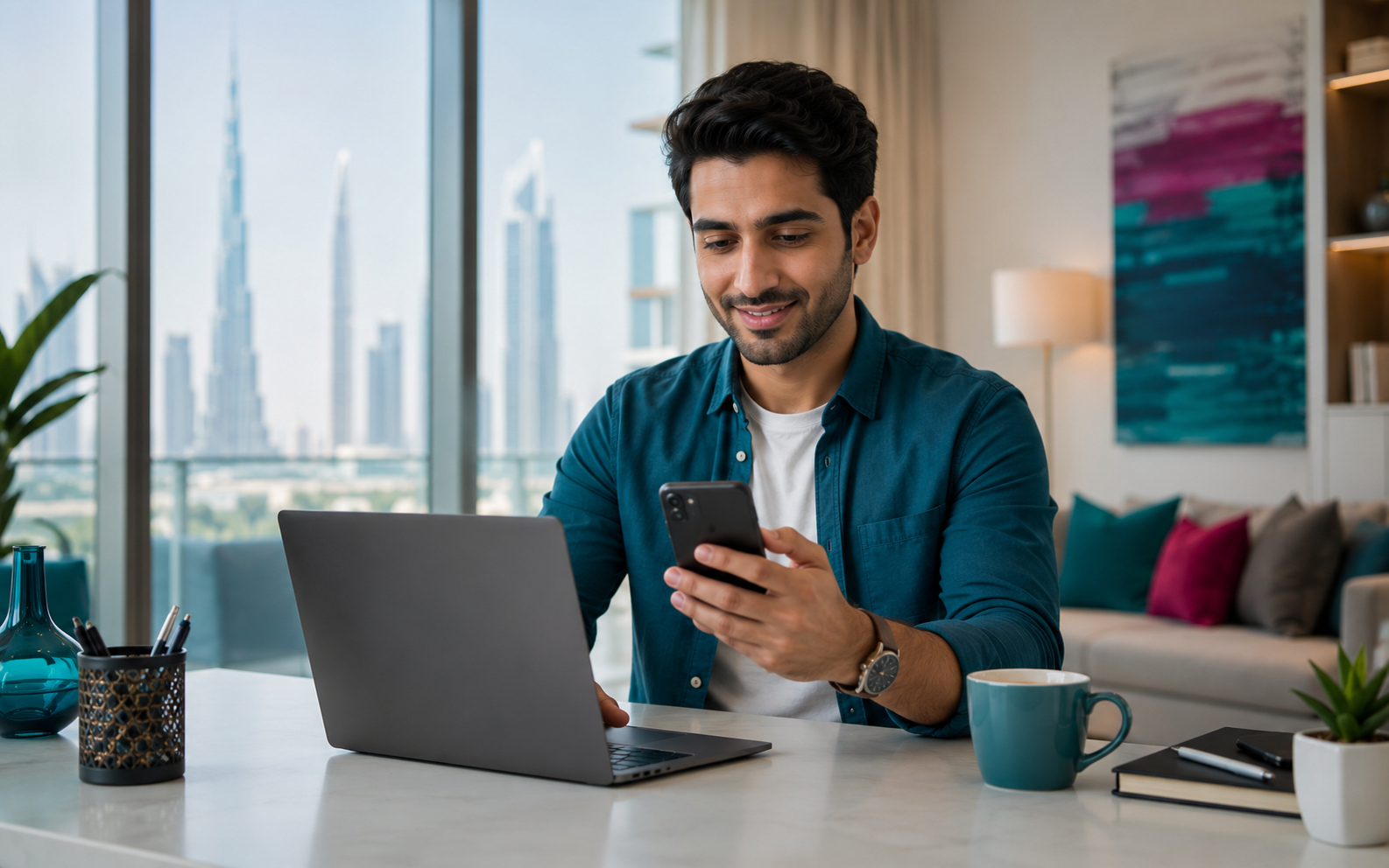 Business team using mobile and workspace connectivity
